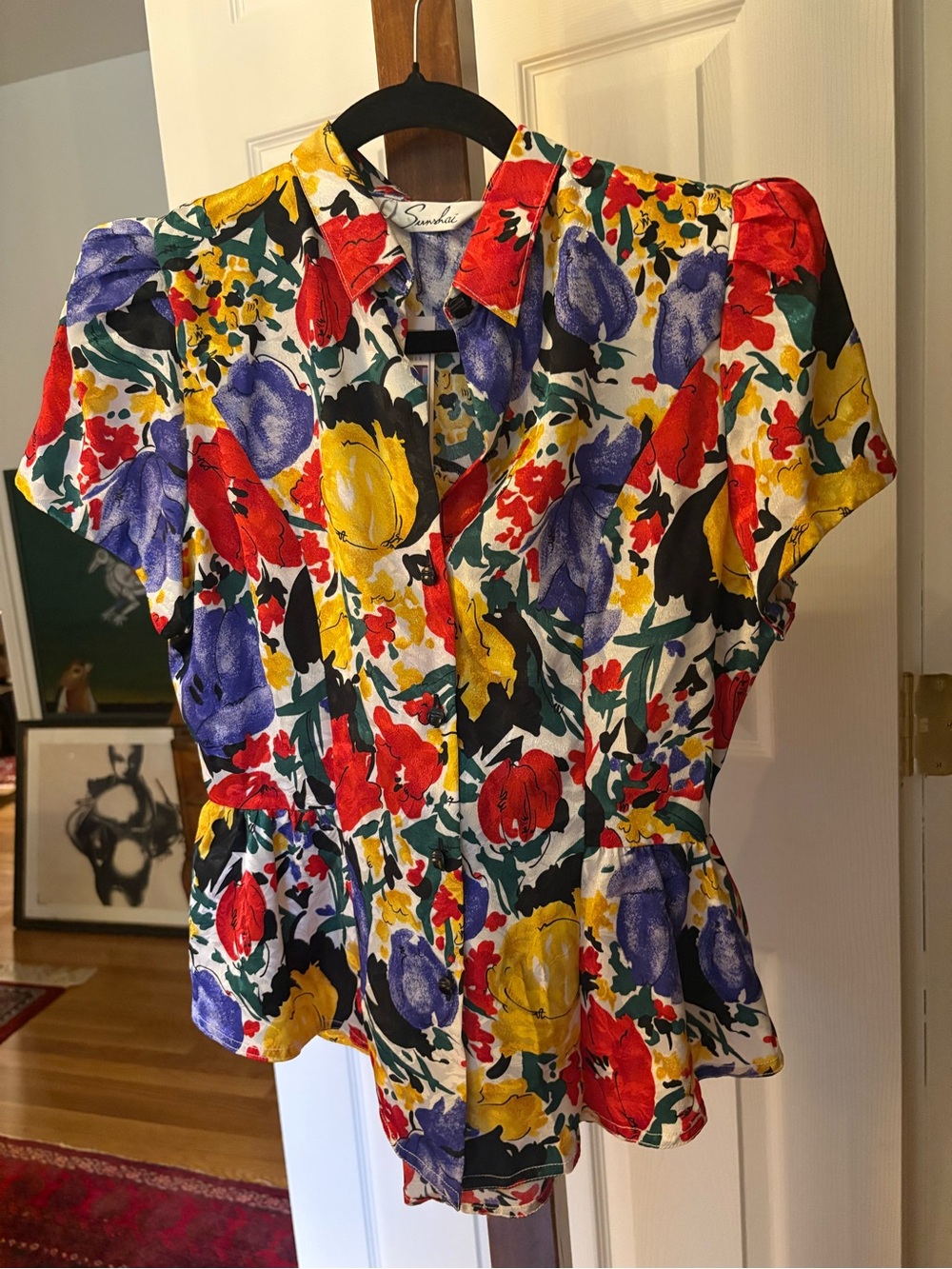 Vintage Sunshai Bold Floral Peplum Blouse Puff Sleeves , Small